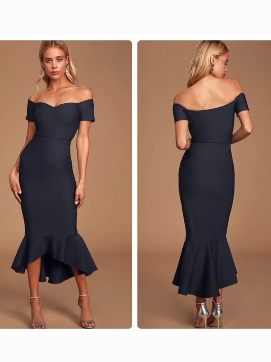 Lulus Dresses & Skirts - Lulu’s How Much I Care Midnight Navy Blue Off-the-Shoulder Midi Dress Small